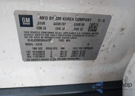 2016 Buick Encore из США, поврежденный, VIN KL4CJCSBXGB544797